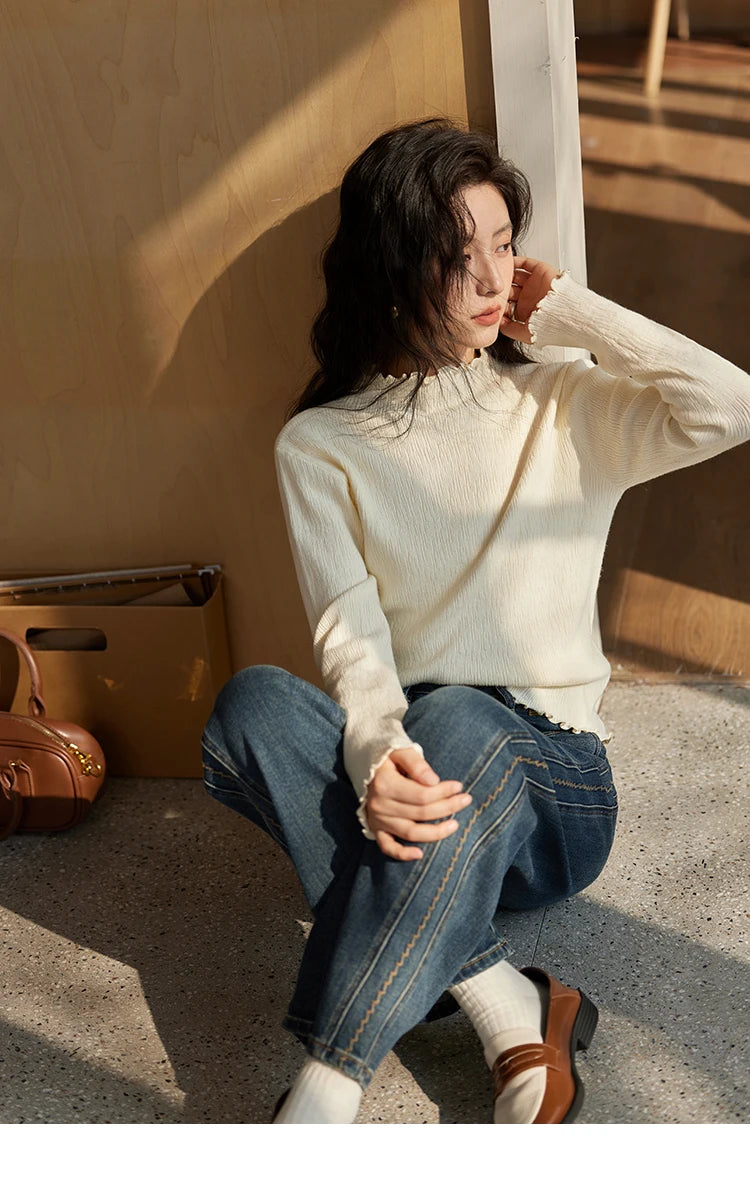 MISHOW Bottom Knitted Sweater Women Ruffled Edge High Collar Long Sleeve 2025 Winter Solid Slim Thin Internal Tops MXD48Z0850