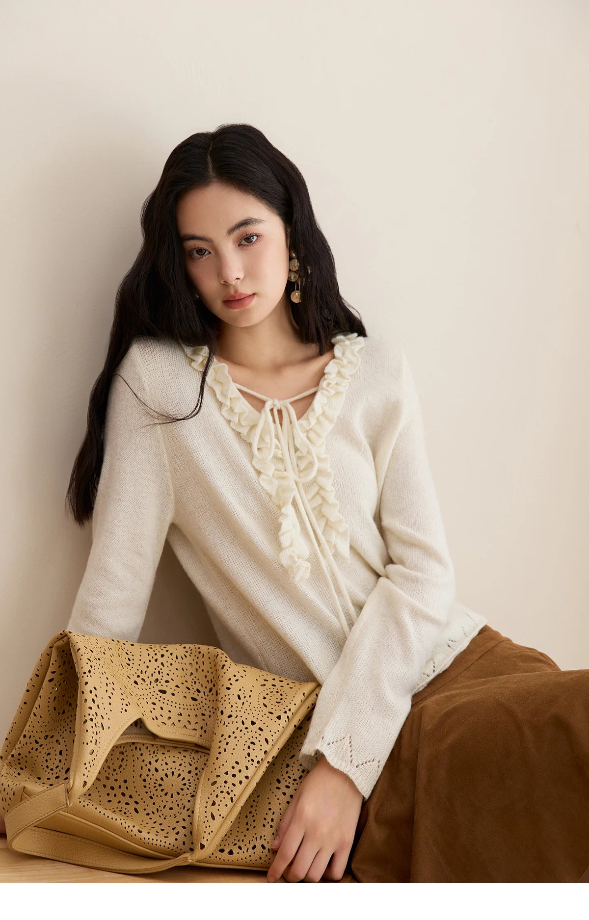 MISHOW Women Long Sleeve Tees 2025 Autumn New V-neck Wood Ear Hollow Out Knitted Sweater Women's Beige Wool Top MXE51Z2595