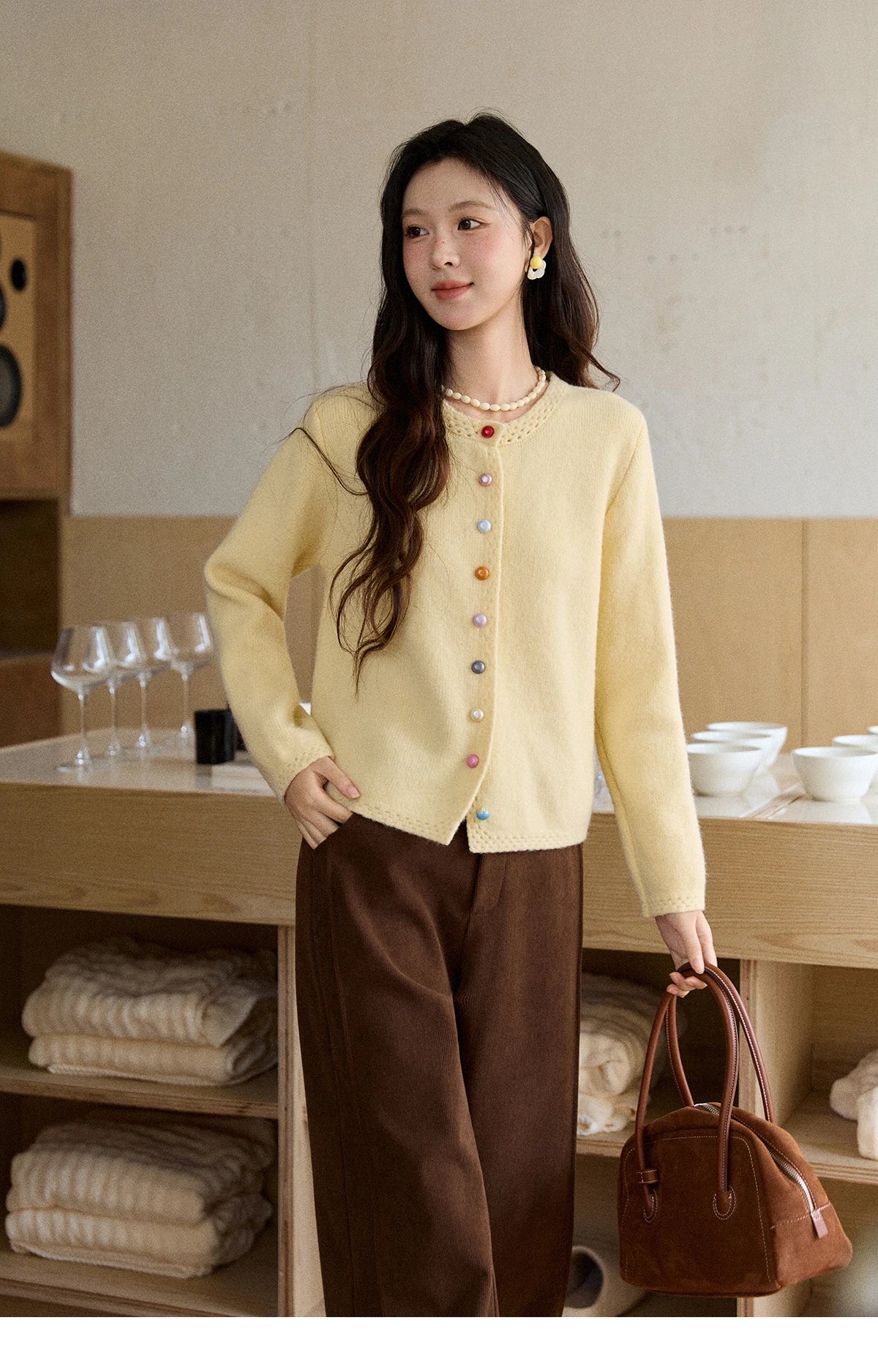 MISHOW Women's Cardigan 2025 Slim Fit Hollow Out Round Neck Rainbow Button Sweater French Style Solid Warm Knitwear MXE90Z2796