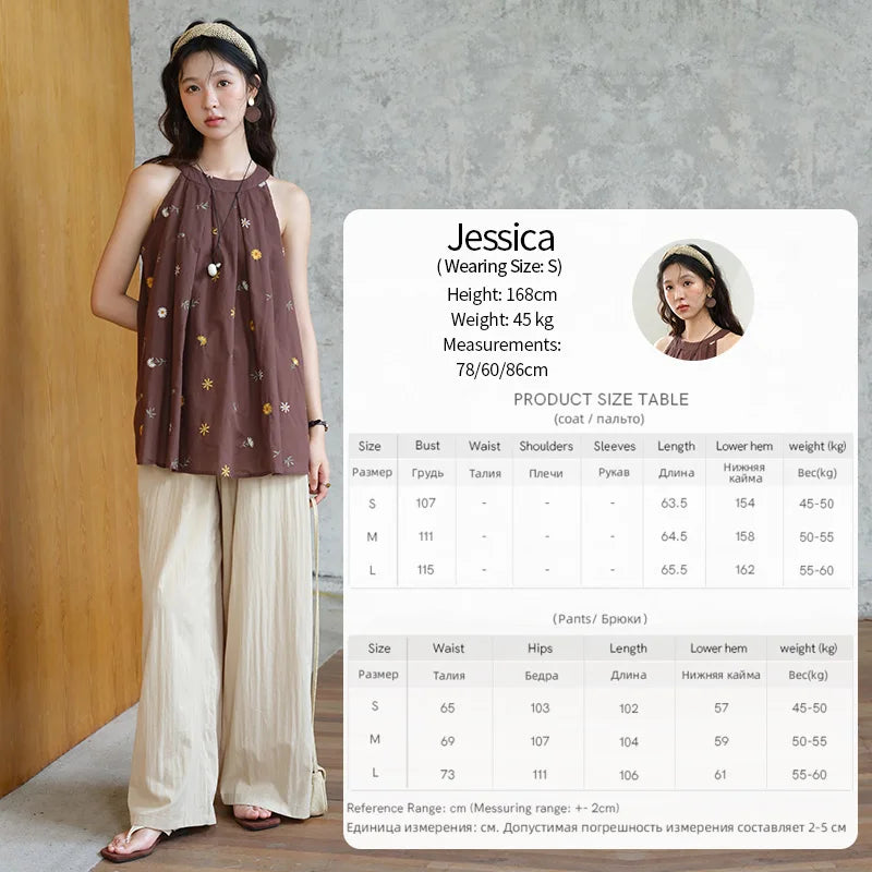 MISHOW Women's Two Piece Set 2025 Summer New Embroidery Hanging Neck Sleeveless Top Retro Khaki Wide Leg Pants Set MXE39T0713