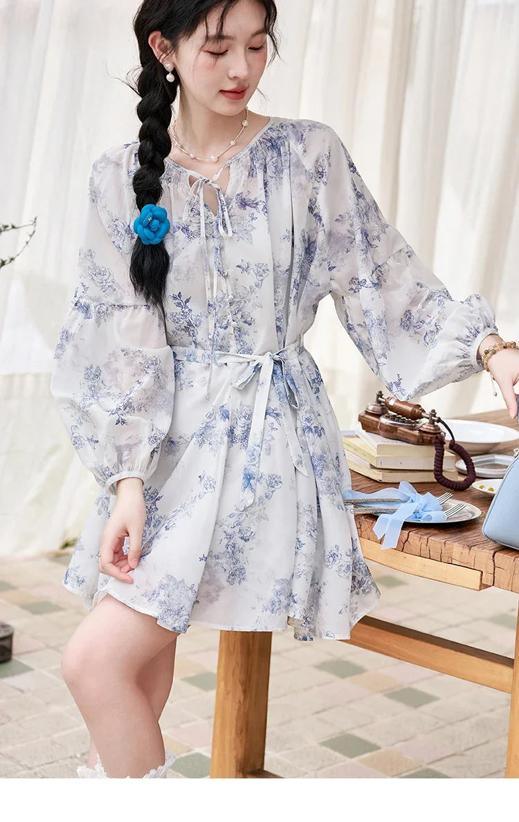 MISHOW Fairy Temperament Floral Puff Sleeved Chiffon Dress Spring Summer 2025 Lace-up O Neck Waist Knee-Length Dress MXD14L1681