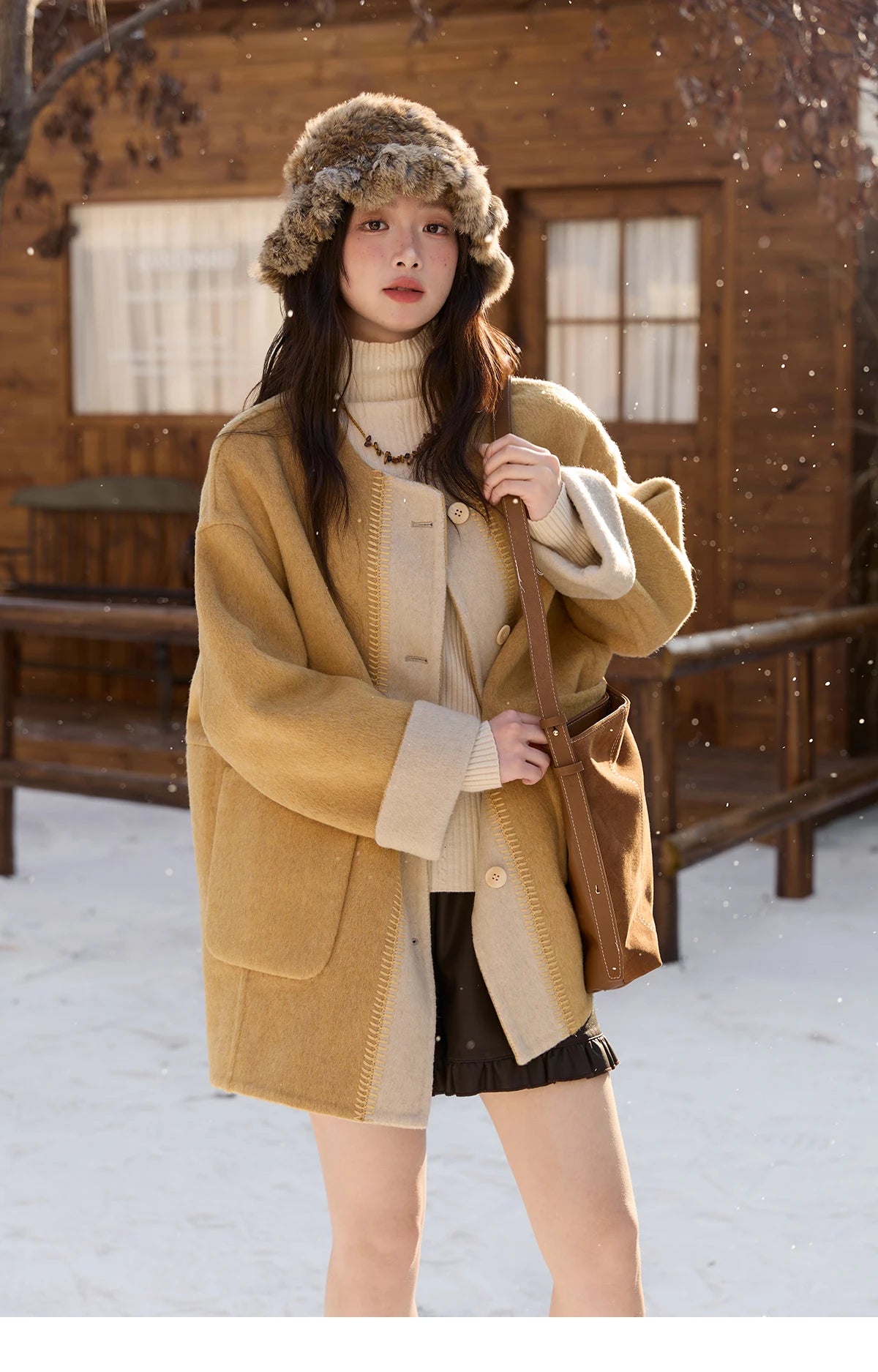 MISHOW Yellow Double-faced Wool Coat for Women 2025 Winter New Retro Contrast Color Slim Crew Neck Pockets Wool Coat MXE51W0915