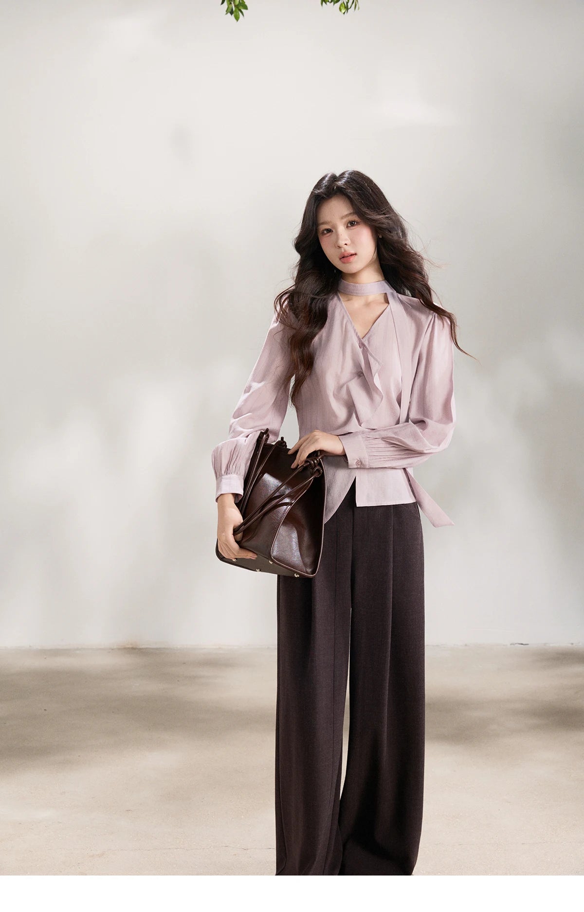 MISHOW Women's Purple Sweet Shirts 2026 Spring Ribbon V-Neck Ruffled Asymmetrical Shirt Back Lace-up Waist Casual Top MXF13X2527