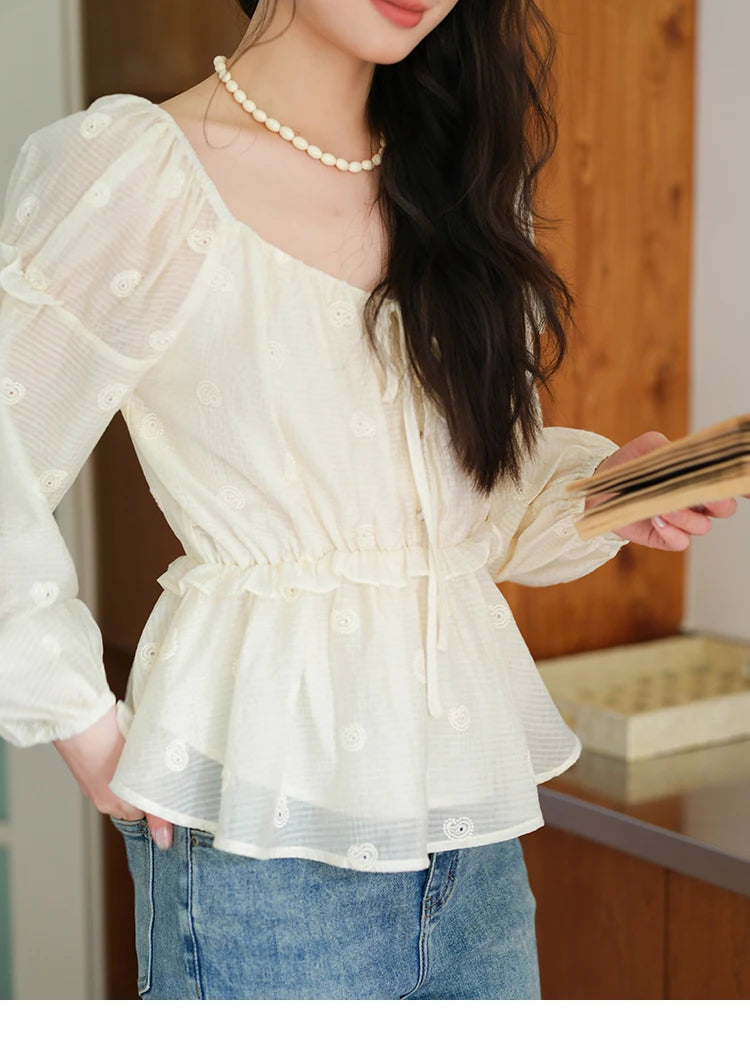 MISHOW Women's Fashion Cashew Flower Embroidered Blouse 2025 Autumn V-neck Lace Up Puff Sleeve Ladies Elegant Top MXE41X1945