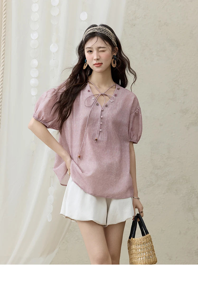 MISHOW French Summer Blouses Women Solid Short Puff Sleeve V-neck Lace-up Design Shirts Female Fashion Straight Tops MXE33X1743