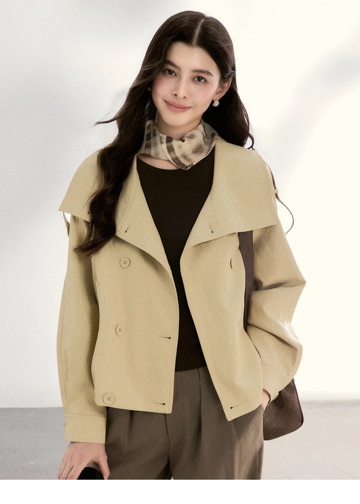 MISHOW Women's Khaki Cropped Short Leather Jacket 2026 Spring Lapel Stand Collar Double Breasted Casual Loose Coat MXF108W1000