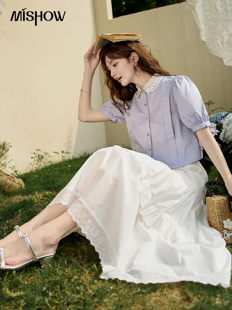 MISHOW Women's Summer Button Up Shirt Puff Sleeve Blouse Lace Lapel French Retro Contrast Top Korean Popular Clothes MXD26X1451