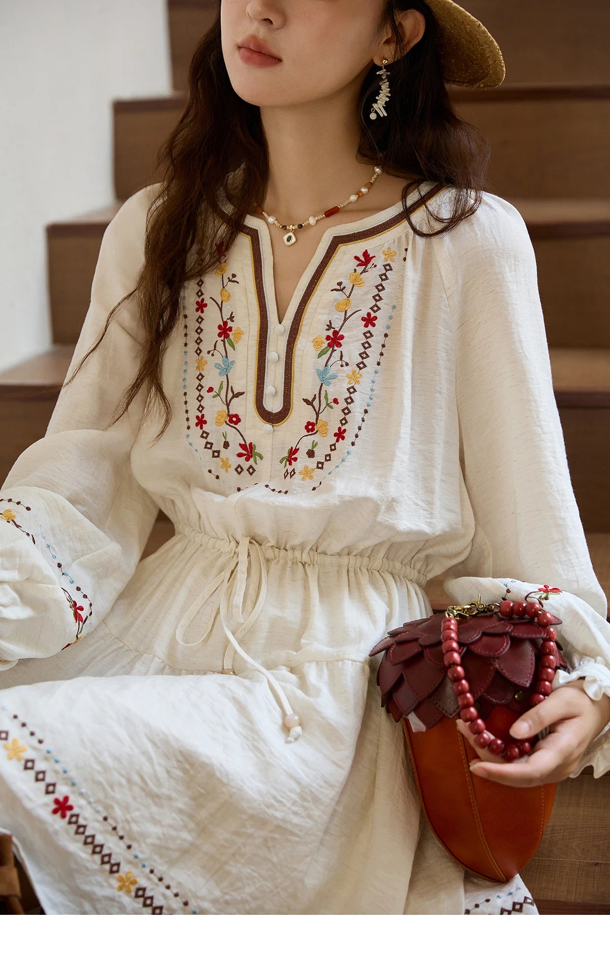 MISHOW Woman Long Sleeve Dress Autumn Elegant V-neck Embroidered Drawstring Waist Dress A-line Bohemian Midi Dresses MXE44L2489