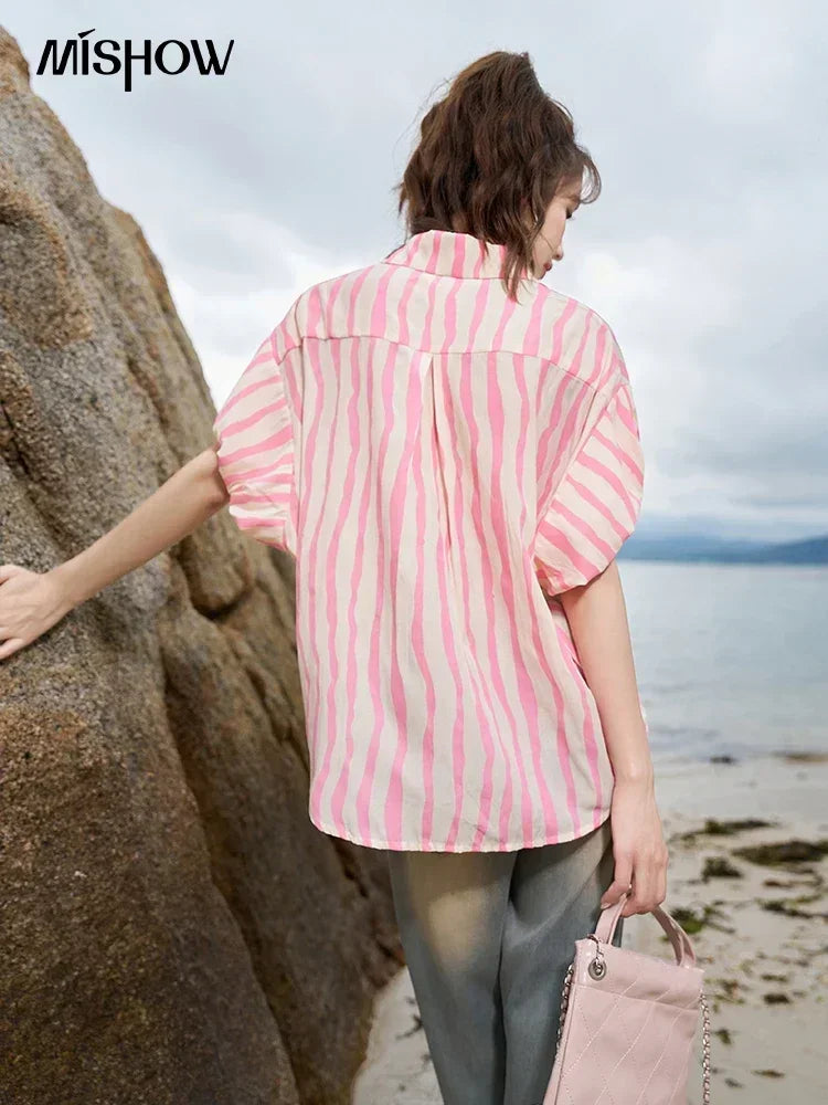 MISHOW Women's Striped Shirt 2023 Summer Korean Loose Puff Sleeve Polo Neck Pocket Casual Tops STRAIGHT Office Lady MXC38C0072