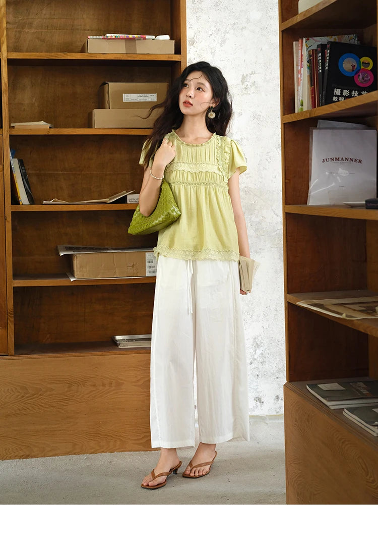 MISHOW Women's Fashion Round Neck Blouse 2025 Summer New Short Sleeve Mushroom Edge Lace Decoration Female Casual Top MXE39X1887