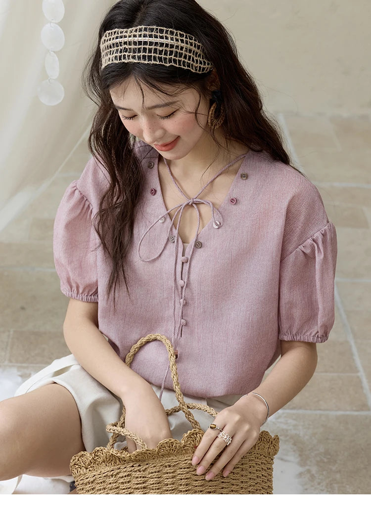 MISHOW French Summer Blouses Women Solid Short Puff Sleeve V-neck Lace-up Design Shirts Female Fashion Straight Tops MXE33X1743