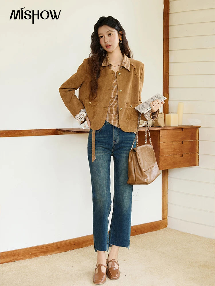 MISHOW Fragrant Suede Jacket for Women Autumn 2025 Cuffs Hollowed Out Lace Short Coats O-neck Metal Button Jackets MXE46W0839