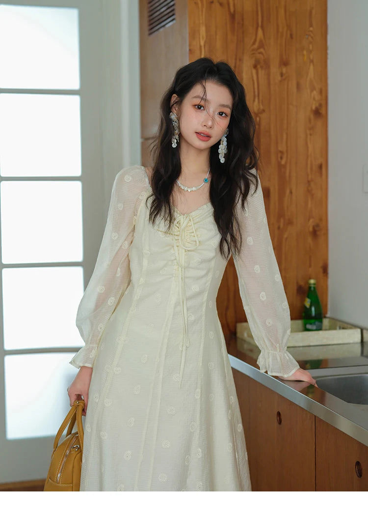 MISHOW Women's Cashew Flower Embroidered Dress 2025 Autumn V-neck Drawstring Long Sleeves Ladies Elegant Slim Dresses MXE41L2387