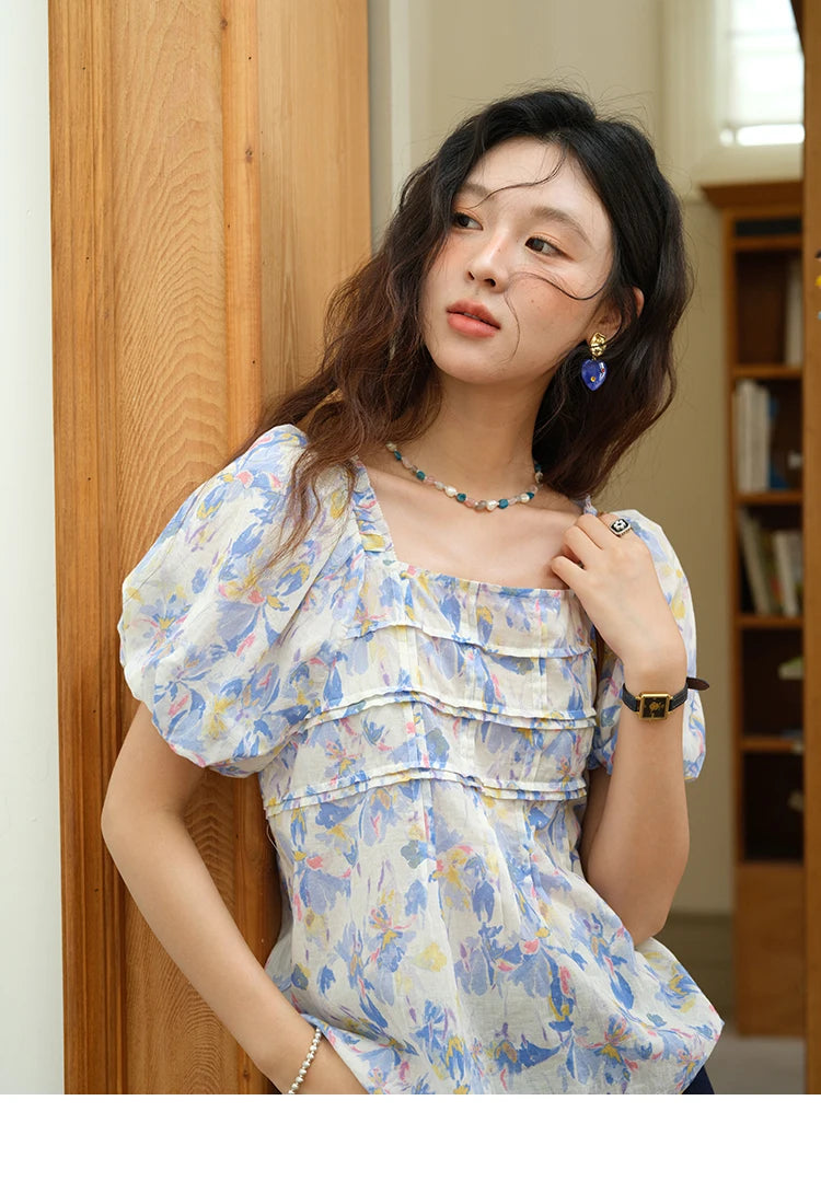 MISHOW Fashion Square Neck Puff Sleeve Blouse for Women 2025 Summer New French Sweet Loose Print Top Ladies Clothing MXE39X1937