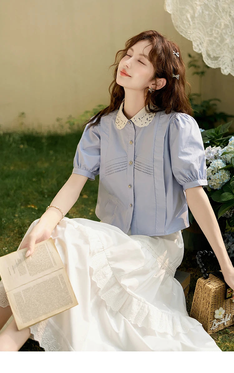 MISHOW Women's Summer Button Up Shirt Puff Sleeve Blouse Lace Lapel French Retro Contrast Top Korean Popular Clothes MXD26X1451