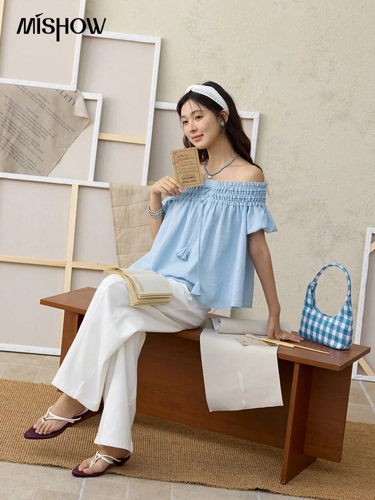 MISHOW Mist Blue One Shoulder Blouse Summer 2025 Elastic Pleated Flower Bud Sleeves Doll Blouses Cotton Blend Top MXE34X1796
