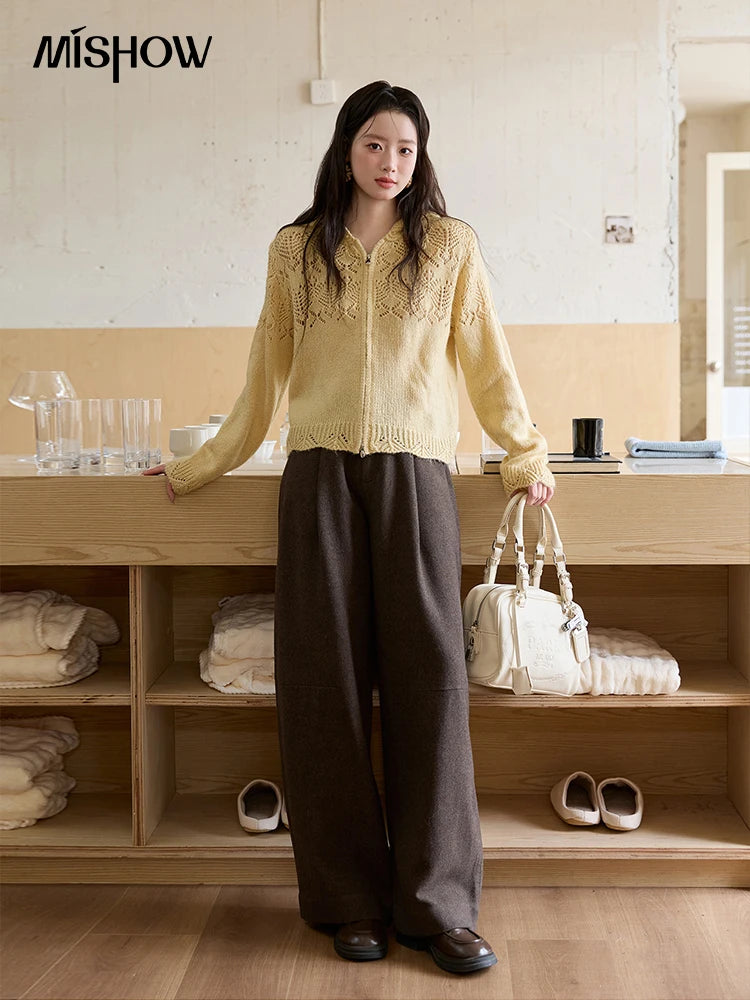 MISHOW Yellow Hollow Out Cardigan Women 2025 Autumn Winter New Hooded Zipper Sweater Loose Casual Bottoming Tops MXE46Z2584