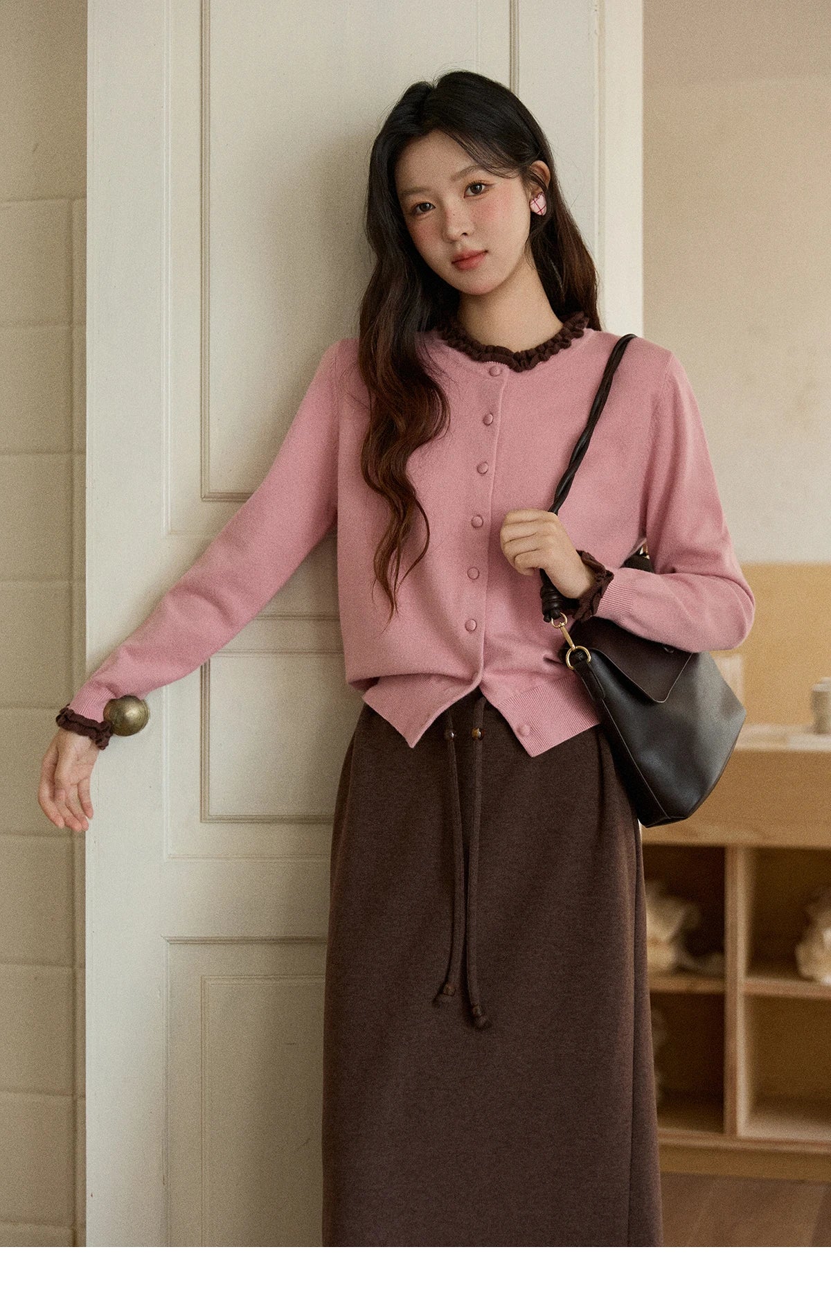 MISHOW Women Knit Cardigan Long Sleeve 2025 Winter Retro Ruffle O-neck Knitted Sweater Loose Casual Commute Khaki Top MXE91Z2749