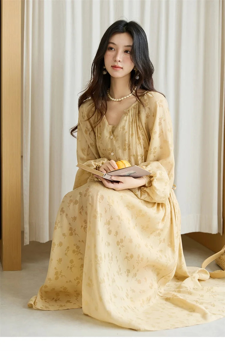 MISHOW Yellow Printing Dress for Woman 2025 Autumn Elegant Lace Lantern Sleeve Waist Slim Long Dress V-neck Dress MXE47L2527