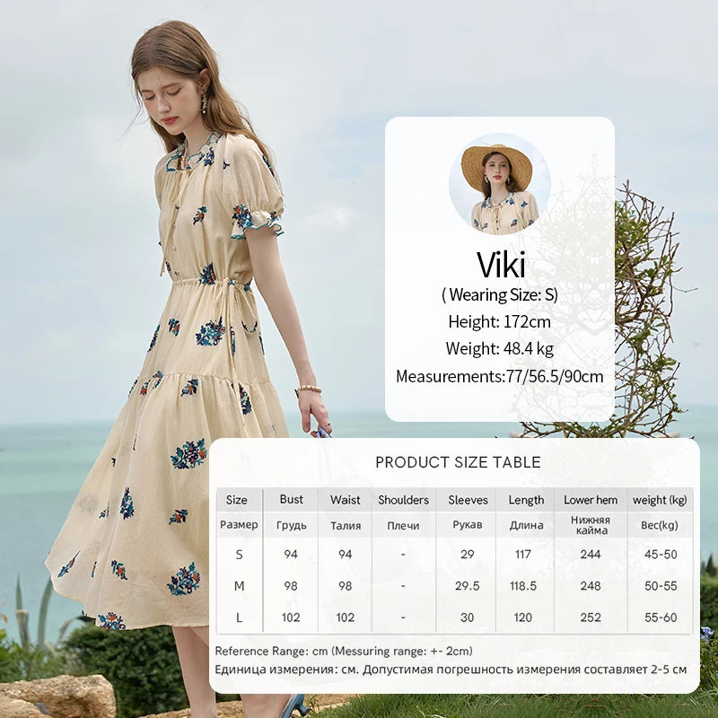 MISHOW French Romantic Dress 2024 Summer Women Embroidered Flower Fairycore Dresses Elastic Waist Drawstring Dress MXD24L1835