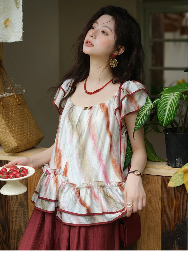 MISHOW Women's Retro Stripe Print Blouse 2025 Summer New Fashion O-Neck Butterfly Sleeve Ladies Casual Patchwork Top MXE38X1862