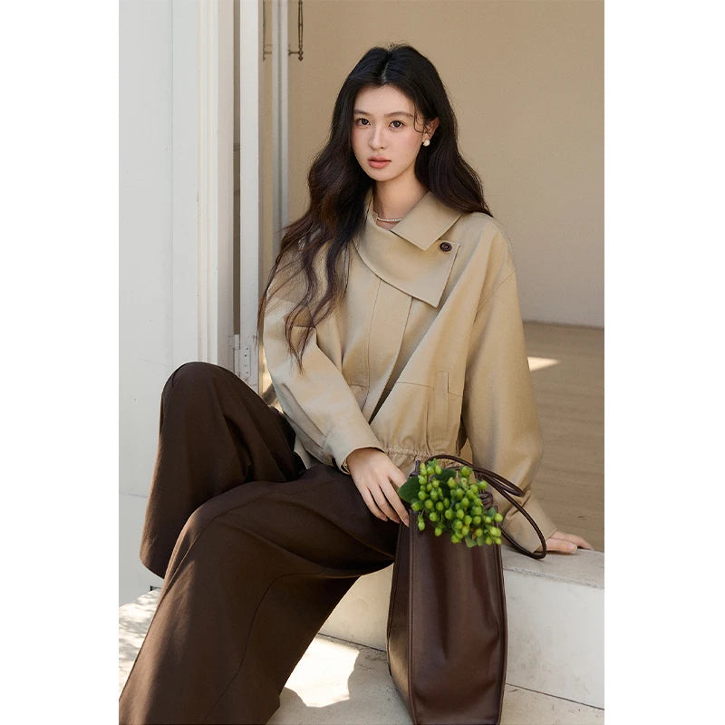 MISHOW Women's Khaki Cropped Jacket 2026 Spring Asymmetrical Collar Drawstring Waist Short Jackets Casual Loose Coat MXF11W1029
