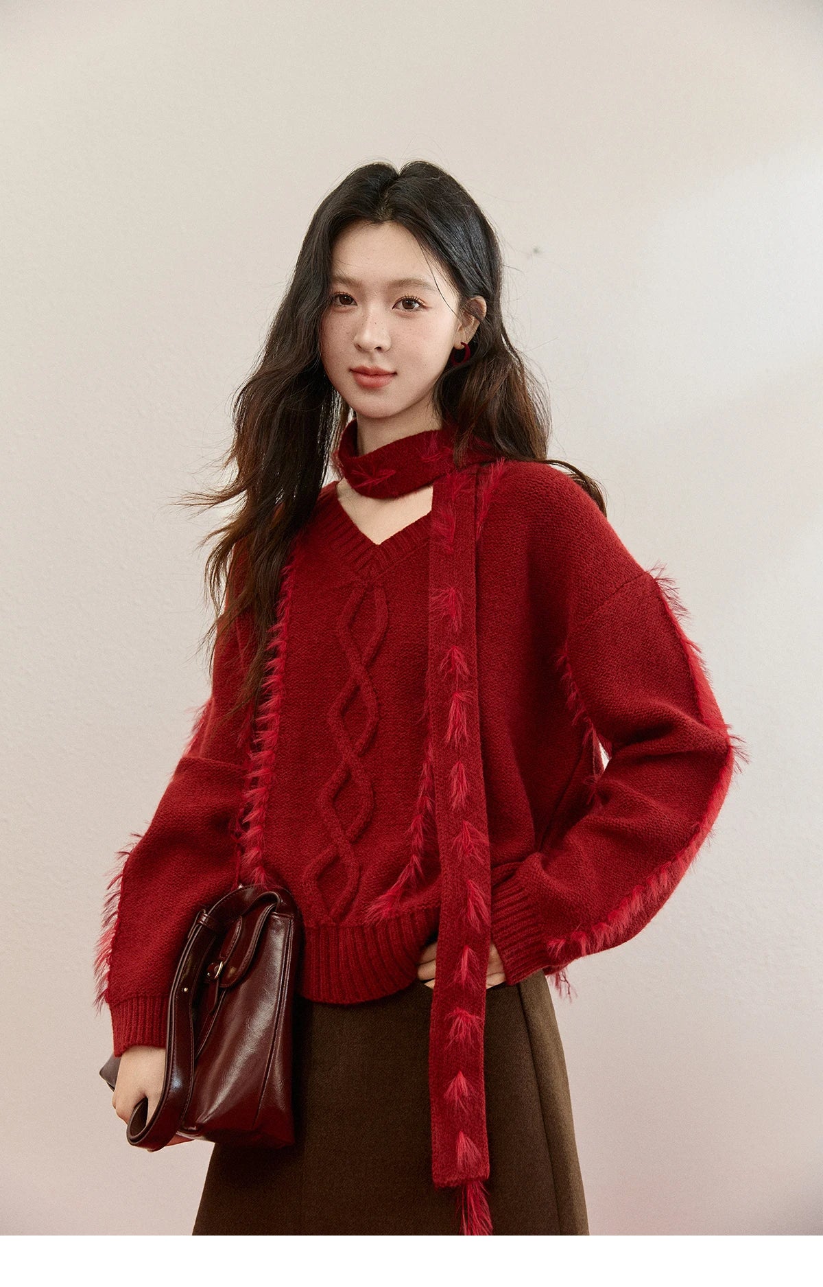 MISHOW Christmas Knitted Sweater Women 2025 Winter Burgundy V-neck Loose Tops Mink Fur Tassel with Scarf Tie Sweaters MXE93Z2809
