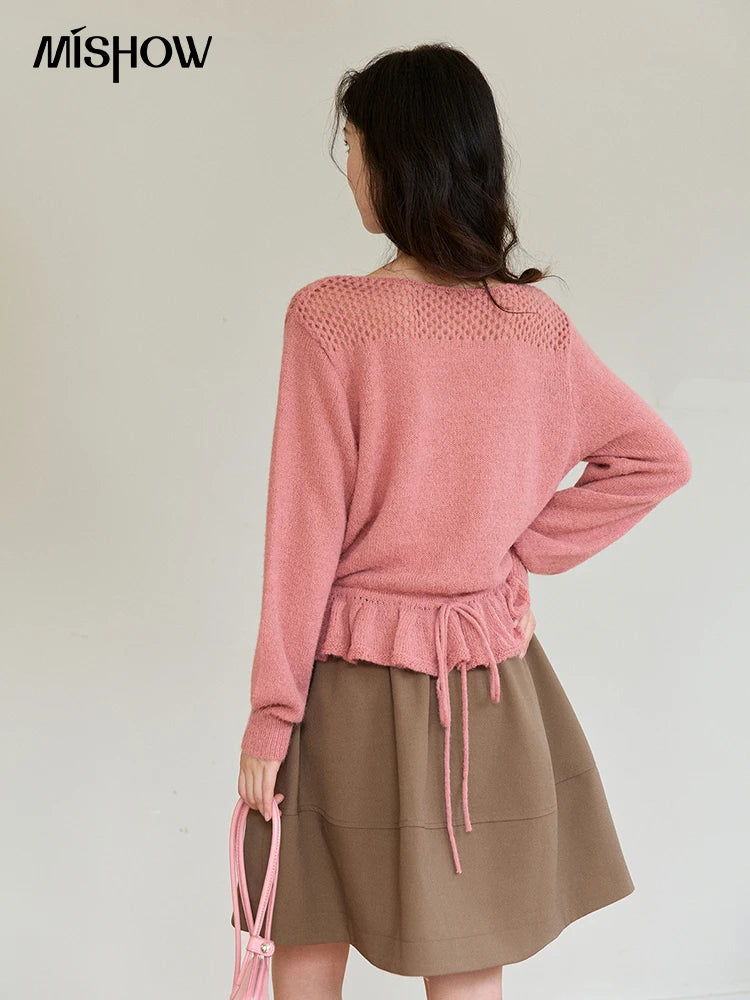 MISHOW Women's Pink Hollow-out Knitwear 2026 Spring Crew Neck Floral Embroidery Sweater Ruffled Hem Casual Loose Top MXE94Z2865