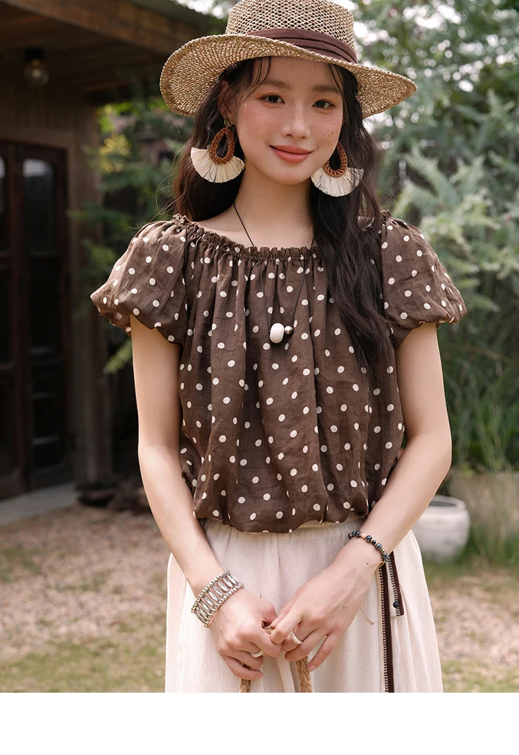 MISHOW Women's Two-Piece Set Fashion Polka Dot One Shoulder Puff Sleeve Blouse Summer 2025 Casual Wide Leg Pants Set MXE38T0683