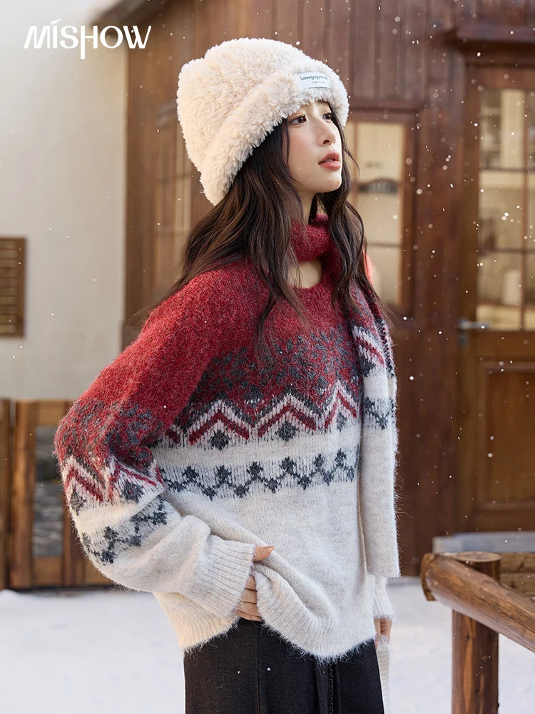 MISHOW Christmas Jacquard Retro Sweater Winter Geometric Red Scarf Fair Isle Sweater Wool Blend Thickened Knitted Top MXE51Z2628