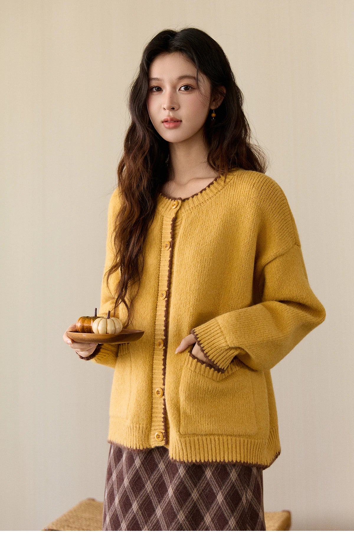 MISHOW Women's Yellow Knitted Cardigan 2025 Autumn Winter Color Collision Edge Sweater Pockets Loose Warm Casual Tops MXE94Z2973