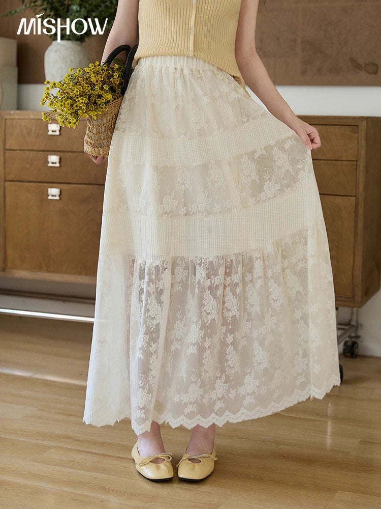 MISHOW Women's Cream Lace Maxi Skirt 2026 Spring Summer Floral Embroidery Tiered Ruffled High Waist Casual Long Skirt MXF11B2462