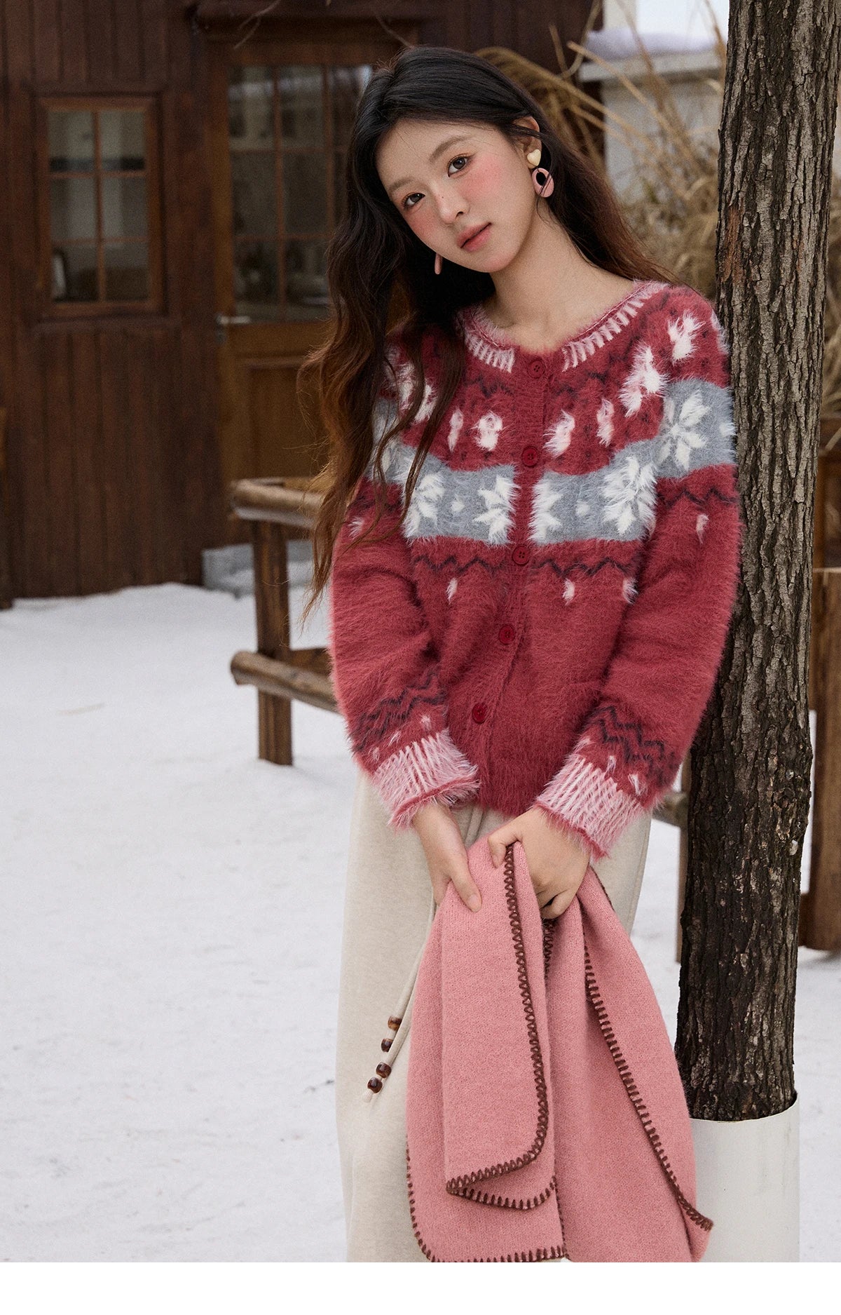 MISHOW Christmas Retro Red Imitation Mink Fur Soft Cardigan 2025 Winter Snowflake Jacquard Sweater Round Neck Tops MXE91Z2801