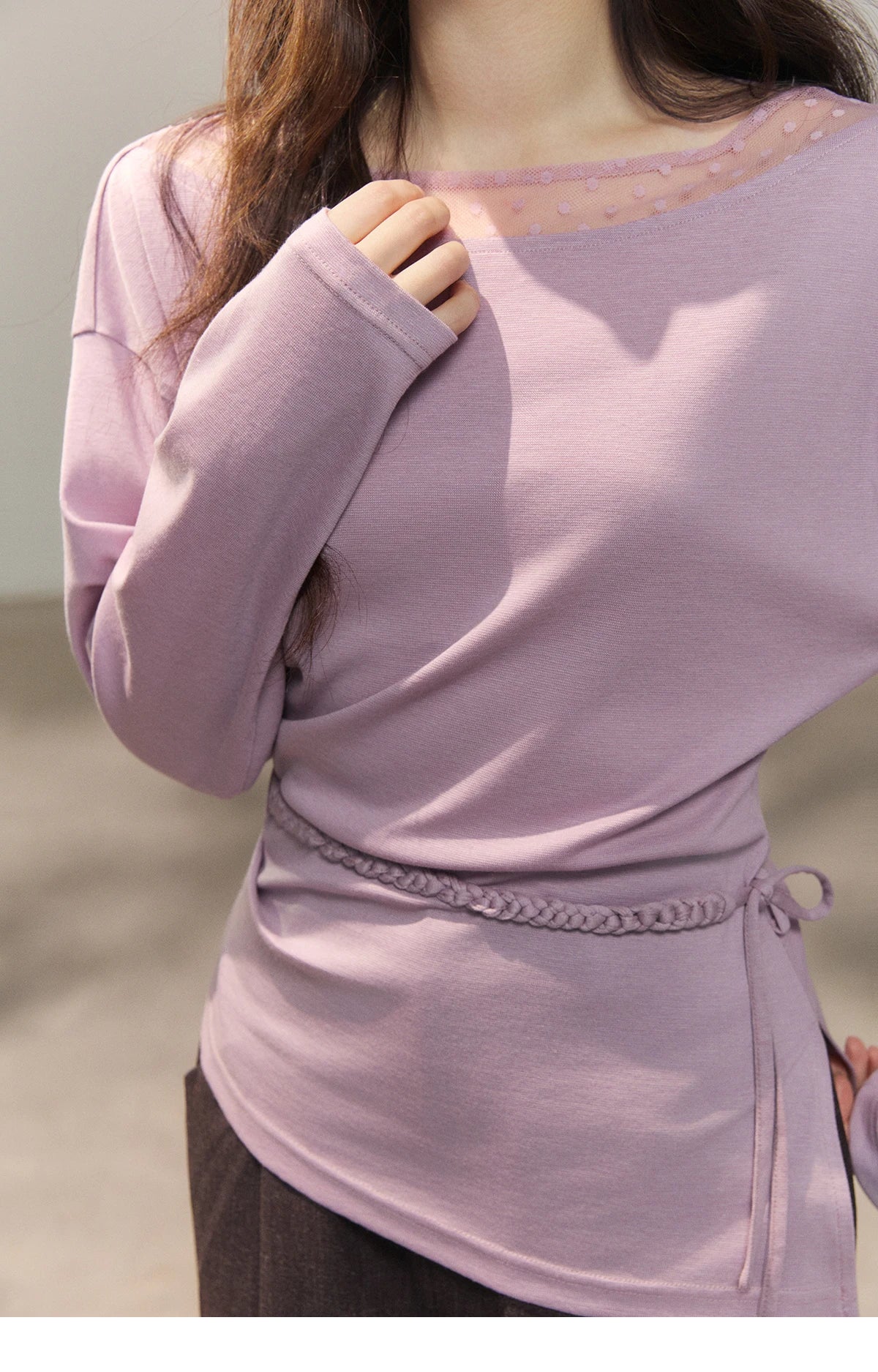 MISHOW Women's Mesh Wool Lace Polka Dot Splicing Tops 2026 Spring Boat Neck Slim Belt Twist Casual Solid T-Shirts MXF13Z3001