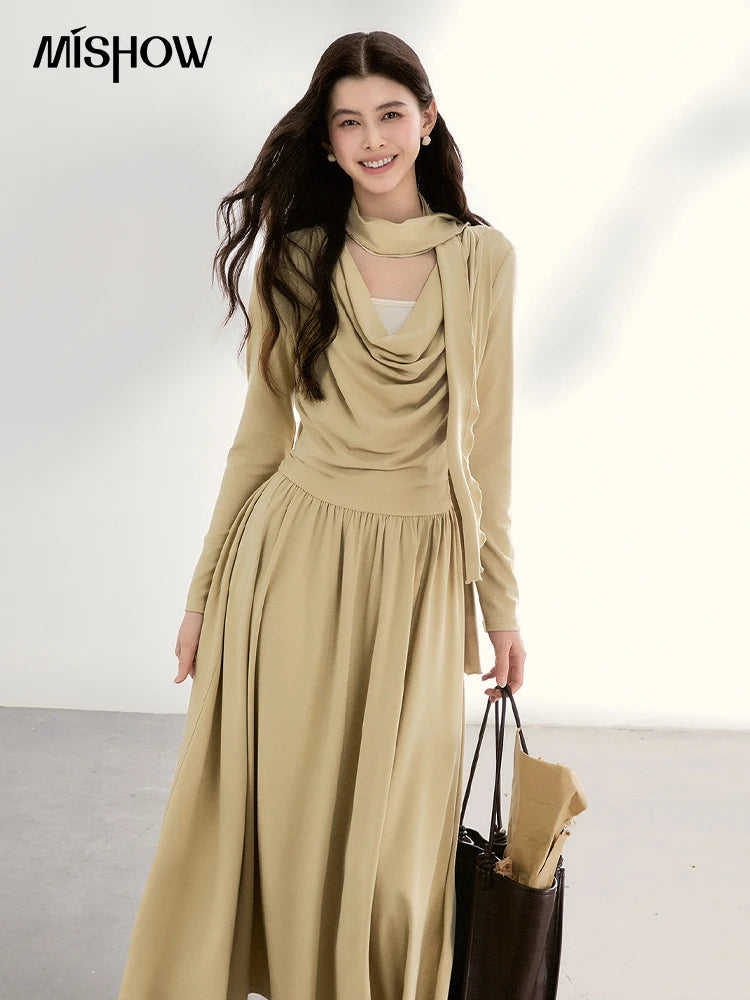MISHOW Women's Khaki Elegant Dress 2026 Spring Swinging Collar Scarf Waist Dresses Commute Fashion Long Sleeve Dress MXF11L2552