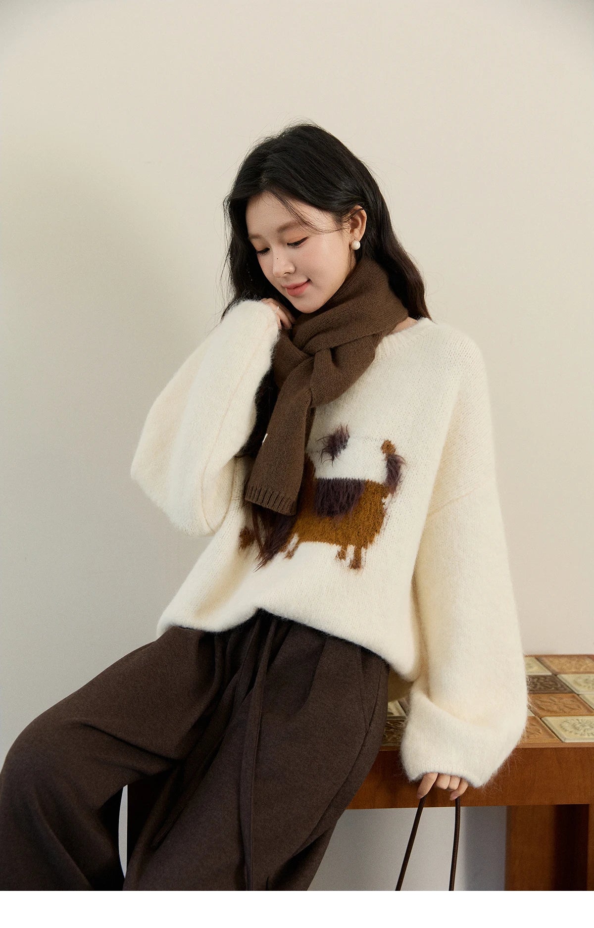 MISHOW Women's Solid Knitted Sweater 2025 Autumn Winter Dog Pattern Jacquard Crew Neck Fluffy Warm Loose Pullover Top MXE94Z2988