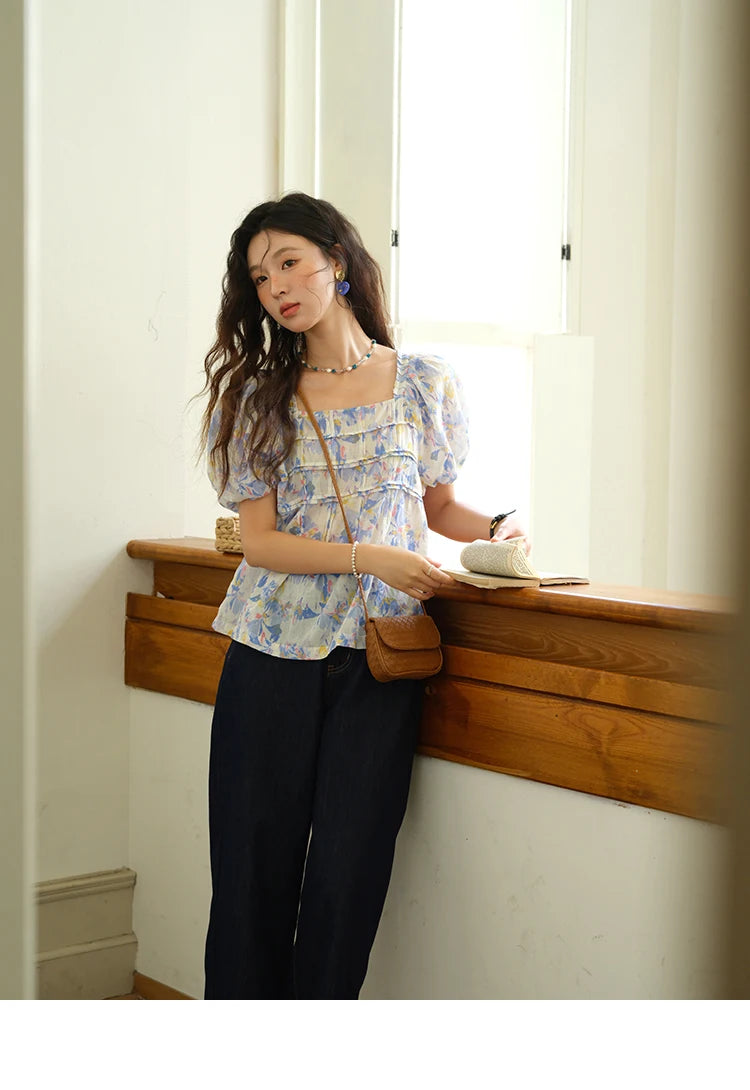MISHOW Fashion Square Neck Puff Sleeve Blouse for Women 2025 Summer New French Sweet Loose Print Top Ladies Clothing MXE39X1937