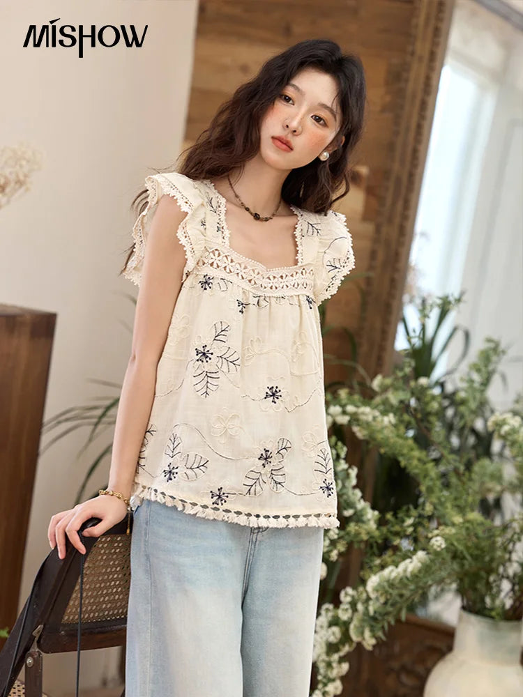MISHOW Square Collar Embroidered Doll Blouses for Women Summer 2025 Flying Sleeve Patchwork Lace Tassels Retro Tops MXE35X1839