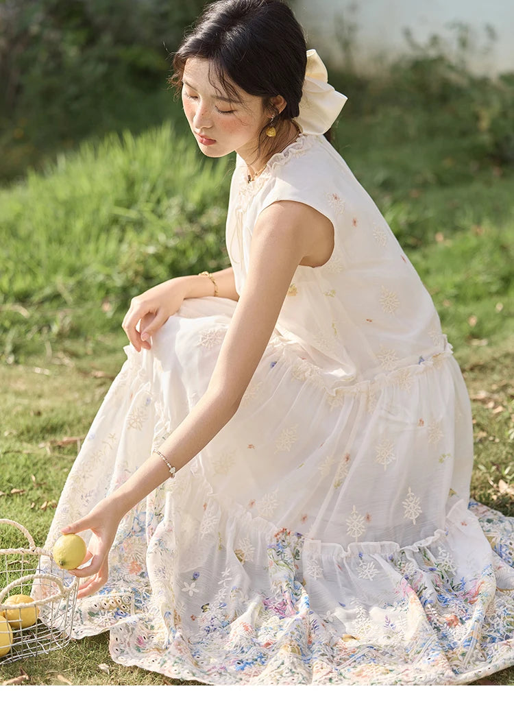 MISHOW Women's Fashion Sleeveless Print Dress 2025 Summer New Mushroom Edge O-Neck Lace Up Tassels Loose Midi Dresses MXE36L2253