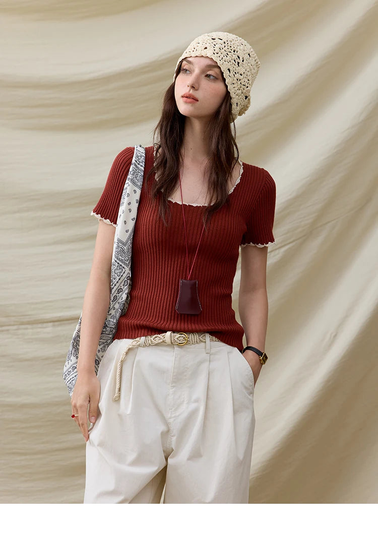 MISHOW Office Lady Summer Sweater Women 2025 New Solid Short Sleeve Lace Collar Contrast Color Hook Design Tops Slim MXE33Z1218