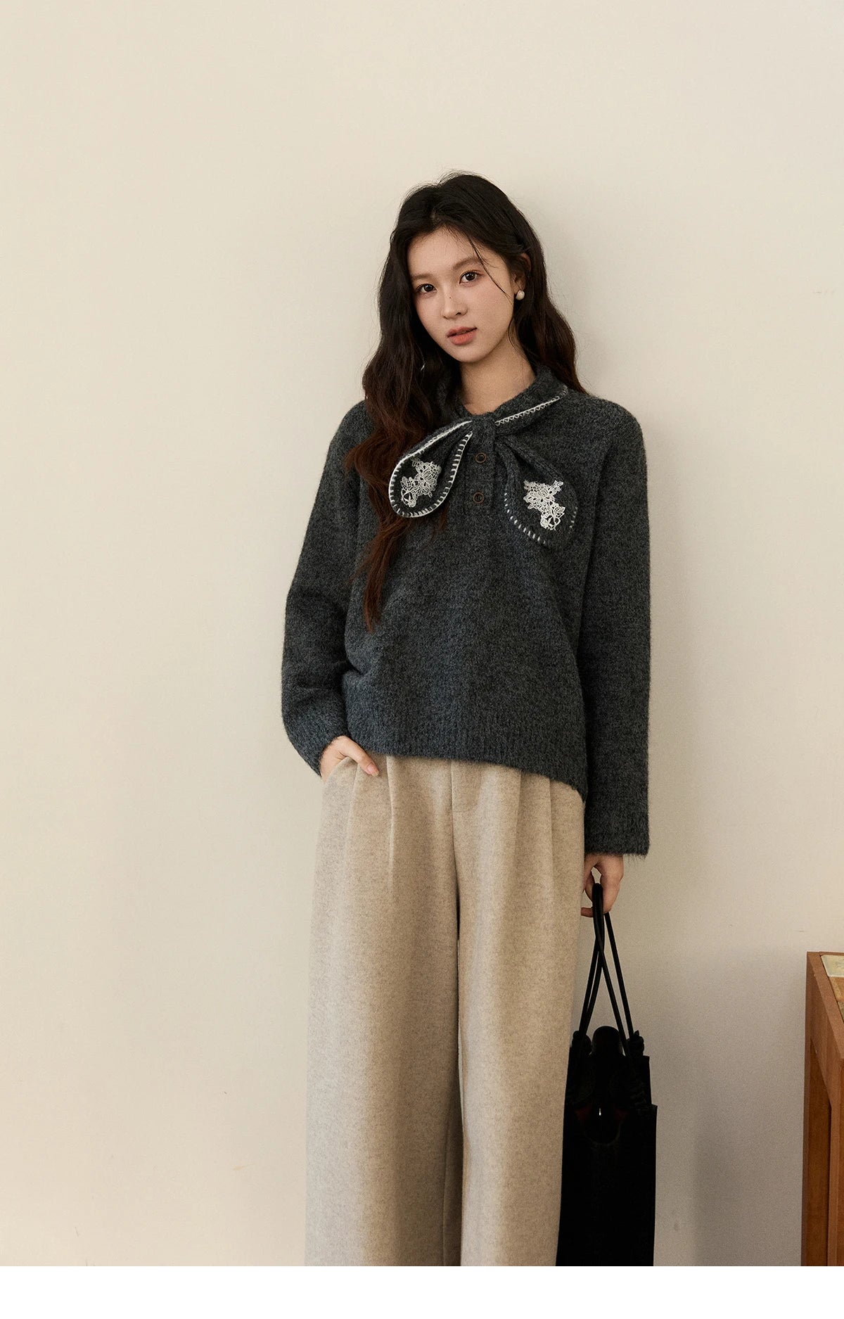 MISHOW Women's Yellow Knitted Sweater 2025 Autumn Winter Bow Collar Splicing Lace Tops Loose Warm Pullover Sweaters MXE94Z2971