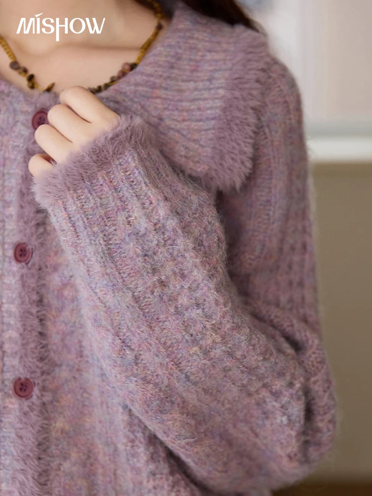 MISHOW Cardigans Ladies 2025 Winter Loose Retro Purple Turn-down Collar Imitation Mink Sweater Commute knit Top MXE88Z2616