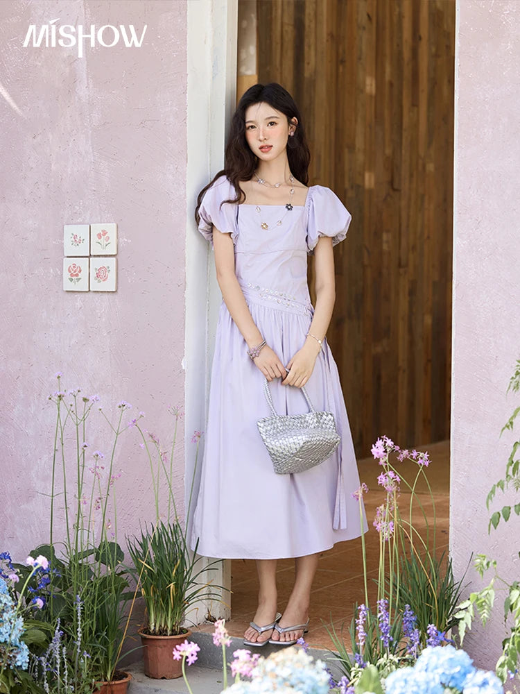 MISHOW French Purple Dresses Women Summer 2025 Solid Short Puff Sleeve Square Neck Slimming Dress Woman New Fashion MXE34L2222