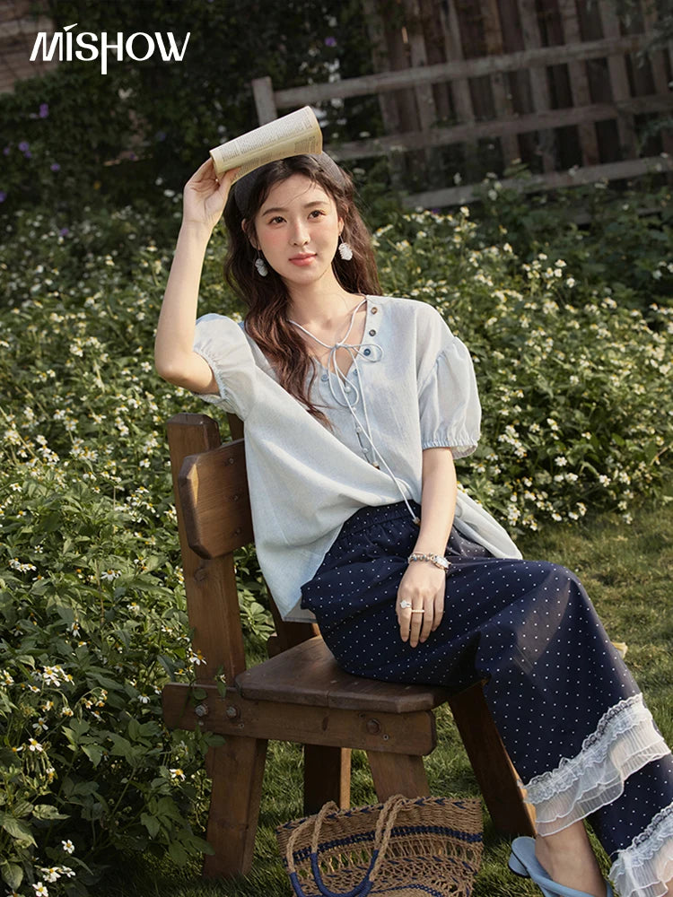 MISHOW French Summer Blouses Women Solid Short Puff Sleeve V-neck Lace-up Design Shirts Female Fashion Straight Tops MXE33X1743