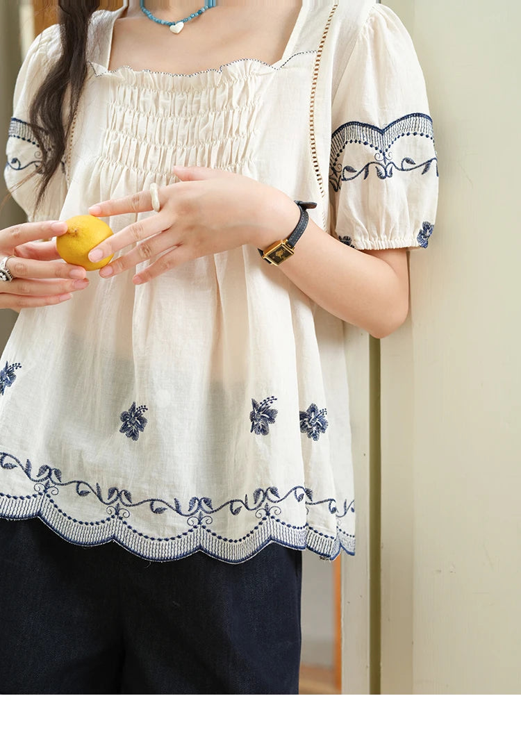 MISHOW Square Neck Puff Sleeve Women's Blouse 2025 Summer Fashion Flower Embroidery Hollow Out Blouse Female Clothing MXE39X1953