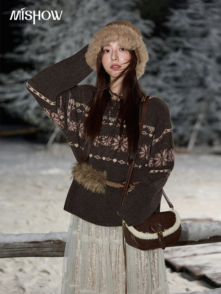 MISHOW Women's Pullovers 2025 Winter Retro Brown Loose Crew Neck Snowflake Jacquard Sweaters Commute Warm Knit Top MXE86Z2655
