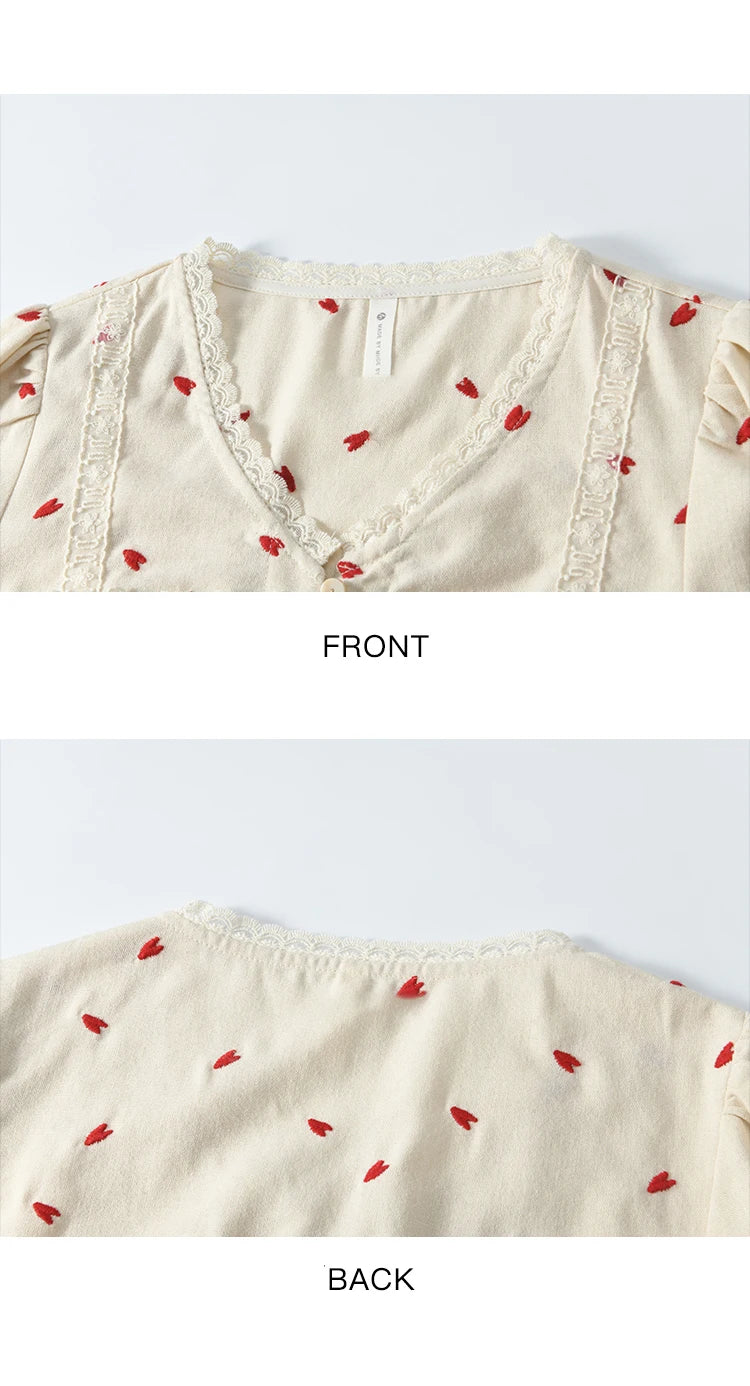 MISHOW Women's Love Embroidered V-neck Blouses 2025 Spring Linen Cotton Retro Slim Tops Sweet Waist Ruffle Blouse MXE13X1700