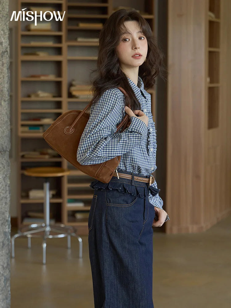 MISHOW Autumn Blue Plaid 100 Cotton Shirts 2025 Doll Collar Dropped Shoulder Sleeves Casual Top Retro Commuter Shirt MXE44C2391