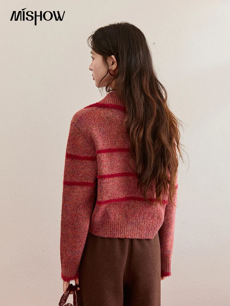 MISHOW Christmas Women's Retro Red Striped Large Lapel Knitted Cardigan 2025 Winter Color Block Fleece Patchwork Tops MXE94Z2888