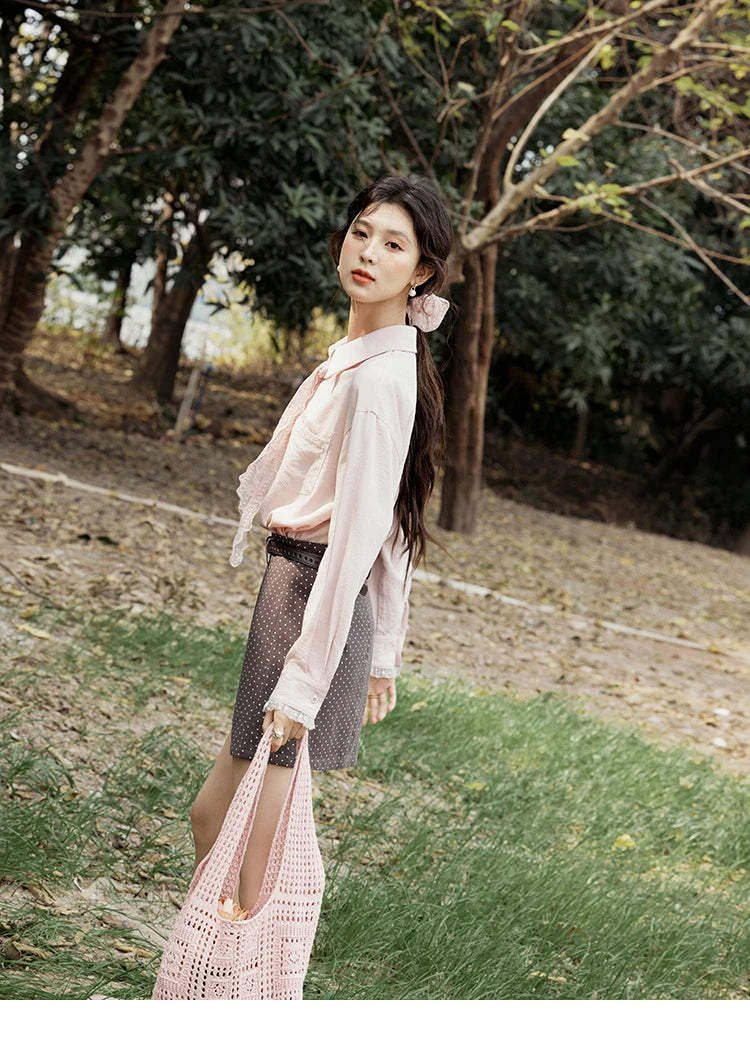 MISHOW French Spring Blouses Women 2025 New Long Sleeve Turn-down Collar Loose Shirts Female Fashion Lace Casual Tops MXE16C0760